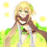 :d bandaged_arm bandages belt_pouch bent_over bikini_top blonde_hair brown_scarf clover_hair_ornament flower flower_knight_girl fuyuhi green_eyes hair_flower hair_ornament hands_on_own_knees heart heart-shaped_pupils katabami_(flower_knight_girl) leaning_forward looking_at_viewer midriff navel open_mouth pouch scarf short_hair short_shorts shorts smile solo symbol-shaped_pupils twitter_username 