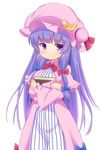  bad_id bad_pixiv_id bangs blue_ribbon blunt_bangs blush book capelet crescent crescent_hair_ornament dress hair_ornament hair_ribbon hakuto_(28syuku) hat hat_ribbon long_hair long_sleeves looking_at_viewer mob_cap patchouli_knowledge purple_eyes purple_hair red_ribbon ribbon sidelocks simple_background solo standing striped striped_dress touhou tress_ribbon 