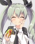  ^_^ amano_kouki anchovy anzio_school_uniform black_cape black_neckwear blush c: cape closed_eyes drill_hair eating facing_viewer food food_on_face foodgasm girls_und_panzer green_hair hair_between_eyes hair_ribbon hand_on_own_cheek hand_on_own_face highres holding_pizza long_hair long_sleeves necktie pizza ribbon shirt smile solo twin_drills twintails uniform upper_body white_shirt 