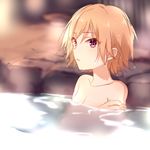  breasts brown_hair cleavage collarbone eyebrows eyebrows_visible_through_hair idolmaster idolmaster_cinderella_girls ninomiya_asuka noda_(yncoon) onsen partially_submerged purple_eyes short_hair small_breasts solo upper_body wet wet_hair 