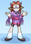  2016 anthro black_nose boots caprine clothed clothing curtsibling digital_media_(artwork) english_text eyelashes eyewear female footwear glasses gradient_background hair horn josie long_hair looking_up mammal red_eyes red_hair sheep simple_background smile solo text watermark white_sclera 