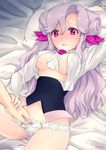  blush bow bow_panties breasts covered_nipples elena_(lady_jewelpet) hand_in_panties jewelpet_(series) kiryuu_aoko lady_jewelpet long_hair lying medium_breasts out_of_frame panties panty_pull pillow pov pov_hands pulled_by_another purple_eyes purple_hair solo_focus underwear white_panties 