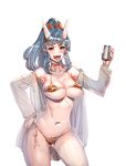  :d ass_visible_through_thighs bangs beer_can bikini bikini_under_clothes blue_hair body_piercings bow bow_(bhp) breasts can choker cleavage collarbone collared_shirt covered_nipples cowboy_shot dress_shirt drunk fangs hair_bow halterneck hand_on_hip heavy_breathing holding horns large_breasts long_hair long_sleeves looking_at_viewer micro_bikini navel navel_piercing off_shoulder oni oni_horns open_clothes open_mouth open_shirt orange_eyes original pale_skin piercing pointy_ears ponytail red_bow shiny shiny_skin shirt side-tie_bikini sidelocks simple_background sketch skindentation smile solo stomach string_bikini swept_bangs swimsuit tiger_stripes underboob white_background white_shirt 