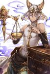  :3 animal_ears bag balance_scale balancing bangs blue_eyes chain closed_mouth cowboy_shot detached_sleeves erune eyebrows eyebrows_visible_through_hair granblue_fantasy hair_between_eyes halterneck highres jewelry leaning_to_the_side looking_at_viewer male_focus pointing shao_(granblue_fantasy) simple_background sleeveless smoke solo tenyo0819 turtleneck veil weighing_scale white_background white_hair 