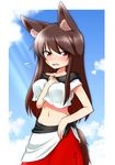  animal_ears bad_id bad_pixiv_id between_breasts blush breasts brooch brown_hair collarbone crop_top crop_top_overhang fang groin highres imaizumi_kagerou jewelry katsumi5o large_breasts long_hair midriff navel open_mouth red_eyes red_skirt skirt solo sweat sweatdrop tail touhou wolf_ears wolf_tail 