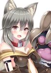  animal_ears bare_shoulders blush breasts choker claw_(weapon) claws erune fang granblue_fantasy grey_hair hair_between_eyes looking_at_viewer medium_breasts open_mouth pink_eyes sen_(granblue_fantasy) simple_background solo weapon white_background yuzu-aki 