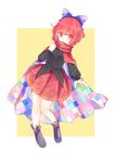  absurdres boots cape checkered emico floral_print full_body hair_ribbon highres long_sleeves looking_at_viewer red_eyes red_hair ribbon sekibanki shirt short_hair simple_background skirt solo touhou yellow_background 