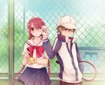  1boy 1girl ;&lt; ;o ball bangs baseball_cap blouse blue_skirt bow bowtie braid brown_hair building can carrying_under_arm chain-link_fence closed_mouth cowboy_shot echizen_ryooma eyebrows eyebrows_visible_through_hair fence flower green_hair hair_between_eyes hair_flower hair_ornament hat hetero holding holding_ball jacket juice long_hair long_sleeves marker miniskirt one_eye_closed outdoors parted_lips pink_flower pleated_skirt racket red_bow red_eyes red_hair red_neckwear ryuuzaki_sakuno school_uniform serafuku short_sleeves skirt smile surprised tennis_ball tennis_no_ouji-sama tennis_racket track_jacket tree twin_braids very_long_hair white_blouse white_hat yellow_eyes 