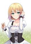  blonde_hair brora dress frilled_dress frills green_eyes hair_tucking highres juliet_sleeves key long_sleeves looking_at_viewer original puffy_sleeves short_hair smile solo taut_clothes underbust upper_body white_dress 