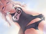  arm_behind_back blonde_hair blue_eyes blush character_name closed_mouth duplicate dutch_angle glasses groin hair_ribbon ham_(points) i-8_(kantai_collection) kantai_collection looking_at_viewer name_tag old_school_swimsuit one-piece_swimsuit red-framed_eyewear ribbon school_swimsuit school_swimsuit_flap smile solo swimsuit thighhighs tress_ribbon twintails wet white_legwear white_ribbon 