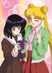  ;d bishoujo_senshi_sailor_moon black_hair blonde_hair blue_eyes blush box brown_skirt cowboy_shot double_bun heart-shaped_box hino_ryutaro jacket long_hair multiple_girls one_eye_closed open_mouth pink_shirt popped_collar purple_eyes red_skirt sailor_collar shirt short_hair skirt smile sparkle tomoe_hotaru tsukino_usagi twintails 