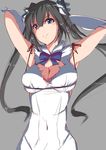  &gt;:) absurdres armpits arms_behind_head arms_up black_hair blue_bow blue_eyes blue_neckwear blue_ribbon blush bow bowtie breasts cleavage cleavage_cutout commentary_request covered_navel dress dungeon_ni_deai_wo_motomeru_no_wa_machigatteiru_darou_ka gloves hair_ribbon hestia_(danmachi) highres large_breasts long_hair looking_at_viewer rei_no_himo ribbon saisarisu short_dress sleeveless sleeveless_dress smile solo twintails upper_body v-shaped_eyebrows white_dress white_gloves 