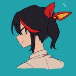  1girl alternate_hairstyle bangs black_hair blue_background blue_eyes bright_pupils closed_mouth cropped_neck from_behind hair_ribbon hair_up highlights kill_la_kill looking_at_viewer looking_back matoi_ryuuko mittsun multicolored_hair notice_lines portrait red_ribbon ribbon senketsu shirt short_hair short_ponytail simple_background smile solo streaked_hair two-tone_hair white_pupils white_shirt 