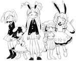  @_@ animal_ears barefoot bunny_ears carrot_necklace crescent dango dress eating floppy_ears food full_body furukawa_(yomawari) greyscale inaba_tewi long_hair mallet mg_mg monochrome multiple_girls open_mouth reisen reisen_udongein_inaba ringo_(touhou) sanshoku_dango seiran_(touhou) short_hair skirt touhou wagashi 