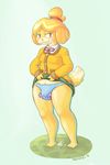  animal_crossing anthro canine clothed clothing clothing_lift dildo dog female fluffyfrumples fur hair hi_res isabelle_(animal_crossing) large_penetration looking_at_viewer mammal nintendo penetration pussy_juice sex_toy shirt shirt_lift simple_background smile smug solo standing sweater underwear vaginal vaginal_penetration video_games white_background yellow_eyes yellow_fur 
