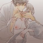  1girl basuko black_hair blonde_hair breasts breasts_outside gintama hetero japanese_clothes kiss large_breasts mutsu_(gintama) sakamoto_tatsuma 