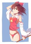  arm_up ascot bare_shoulders blush bow brown_eyes brown_hair commentary_request cowboy_shot detached_sleeves hair_bow hakurei_reimu japanese_clothes long_sleeves looking_at_viewer miko navel panties parted_lips red_panties ribbon-trimmed_sleeves ribbon_trim saisarisu solo touhou underwear wide_sleeves 