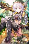  black_gloves braid company_name copyright_name garter_straps gloves grand_sphere gun hat holding holding_weapon knee_pads kuroi leaf long_hair looking_at_viewer multicolored multicolored_eyes official_art original red_eyes rock silver_hair single_braid sitting solo thighhighs weapon 