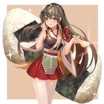  :q akagi_(kantai_collection) blush brown_eyes brown_hair food food_on_face hakama_skirt highres japanese_clothes kantai_collection licking_lips long_hair looking_at_viewer muneate nontraditional_miko onigiri rice rice_on_face rice_spoon smile solo straight_hair tasuki teffish thighhighs tongue tongue_out white_legwear zettai_ryouiki 