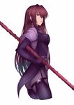  bodysuit commentary_request cowboy_shot fate/grand_order fate_(series) gae_bolg hand_on_hip long_hair looking_at_viewer parted_lips pauldrons polearm profile purple_bodysuit purple_hair red_eyes saisarisu scathach_(fate)_(all) scathach_(fate/grand_order) simple_background solo weapon white_background 