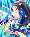  artist_request audience black_hair blue_eyes bracelet confetti dress earrings flower glowstick hair_flower hair_ornament idolmaster idolmaster_cinderella_girls jewelry long_hair looking_back necklace official_art ponytail solo strapless strapless_dress sugisaka_umi very_long_hair 