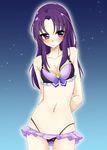  adapted_costume bikini blush breasts cleavage closed_mouth embarrassed happinesscharge_precure! highleg highleg_bikini highres hikawa_iona long_hair looking_to_the_side midriff navel precure purple_eyes purple_hair shy solo standing swimsuit 