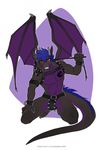  5_fingers bdsm black_scales blue_hair braclets chest_tattoo clothing dragon glowing glowing_eyes grin hair jockstrap kneeling leather lotusgarden purple_scales quil red_eyes scales scalie spikes straps tattoo underwear western_dragon whip wings 