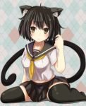  1girl ahoge animal_ear_fluff animal_ears argyle argyle_background bangs black_hair black_legwear blush bokunenjin breasts brown_eyes cat_ears cat_girl cat_tail closed_mouth commentary curvy disconnected_mouth hair_twirling hand_up highres large_breasts looking_at_viewer miniskirt navel neckerchief no_shoes original pleated_skirt sailor_collar school_uniform serafuku shadow shiny shiny_hair shirt short_hair short_sleeves sitting skirt solo stomach tail thick_thighs thighhighs thighs wariza white_shirt yellow_neckwear 