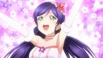  arms_up bokutachi_wa_hitotsu_no_hikari choker female floral_background flower green_eyes happy kazuma long_hair love_live!_school_idol_project purple_hair solo tied_hair toujou_nozomi twintails 