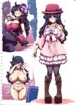  ahoge alternate_costume bags_under_eyes belly boots breasts cleavage cosplay covering_face cross-laced_footwear dress drunk embarrassed fat_folds groping hat hex_maniac_(pokemon) highres huge_breasts long_hair messy_hair navel nipples nude plump pokemon pokemon_(game) pokemon_xy punk_guy_(pokemon) purple_eyes purple_hair serena_(pokemon) serena_(pokemon)_(cosplay) sketch thighhighs tokyo_(great_akuta) 