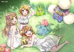  barefoot blue_eyes blush brown_eyes brown_hair bulbasaur crossover dress flowers grass jumpluff koizumi_hanayo kousaka_honoka long_hair love_live!_school_idol_project minami_kotori mono_land pokemon purple_eyes short_hair sunkern swadloon vileplume 