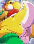  2016 absurd_res anthro anus backsack balls blue_eyes butt clothing crouching footwear genital_focus herr_aardy hi_res looking_at_viewer looking_back low-angle_view male mario_bros nintendo rear_view scales scalie shell shoes signature solo spines video_games yellow_scales yoshi 