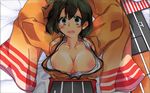  areolae arms_up blush breasts brown_eyes brown_hair collarbone hiryuu_(kantai_collection) japanese_clothes kantai_collection large_breasts lying nipple_slip nipples open_mouth short_hair 