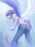  angel_wings bent_over denim feathered_wings from_behind highres jeans leaning_forward legs_apart male_focus nishi original pants pocket profile shirtless silver_hair solo spread_wings standing traditional_media white_wings wings 