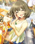  ^_^ alcohol artist_request blue_skirt bracelet breasts brown_hair checkered cleavage closed_eyes food fork happy idolmaster idolmaster_cinderella_girls jewelry lens_flare medium_breasts menu mole mole_under_eye necklace official_art oyster short_hair skirt smile solo_focus sparkle spork takagaki_kaede 
