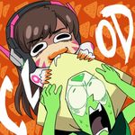  :3 biting_hair brown_hair crossover d.va_(gremlin) d.va_(overwatch) doritos facial_mark food food_on_face food_on_finger green_hair headset looking_at_another lowres multiple_girls orange_background overwatch patterned_background peridot_(steven_universe) screaming steven_universe sweat upper_body v-shaped_eyebrows whisker_markings 