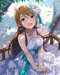  alternate_costume artist_request blue_eyes brown_hair dress earrings flower hair_between_eyes hair_flower hair_ornament idolmaster idolmaster_million_live! jewelry leaf long_hair official_art smile solo tokoro_megumi wedding_dress white_dress 