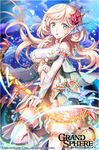  animal_ears arrow bangs bare_shoulders blonde_hair blue_eyes bow_(weapon) breasts bridal_gauntlets cloud company_name copyright_name coral day gloves glowing grand_sphere green_eyes hair_ornament holding holding_weapon kneeling kuroi long_hair looking_at_viewer medium_breasts multicolored multicolored_eyes official_art original parted_lips sky solo thighhighs underboob water weapon white_gloves 