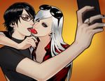  arm arm_around_neck artist_request bayonetta bayonetta_(character) bayonetta_2 black_hair black_nails black_shirt blue_eyes candy cellphone couple earrings eyeshadow female food glasses grey_lipstick half-closed_eyes highres holding holding_lollipop holding_phone hug jacket jeanne_(bayonetta) jewelry kiss lips lipstick lollipop long_hair looking_at_viewer makeup multiple_girls mutual_yuri nail_polish neck open_jacket open_mouth phone red_jacket red_lipstick ring round_teeth self_shot shirt short_hair silver_hair sunglasses sunglasses_on_head turtleneck turtleneck_shirt upper_body yuri 