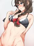  adapted_costume black_hair blue_eyes blush braid breasts cleavage collarbone hair_flaps hair_ornament hair_over_shoulder hair_ribbon kantai_collection long_hair navel nose_blush out-of-frame_censoring panties panties_removed remodel_(kantai_collection) ribbon shigure_(kantai_collection) single_braid small_breasts solo sweat tears underwear underwear_only upper_body yakitomeito 