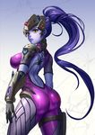  armor ass back back_tattoo bodysuit breasts cowboy_shot earrings gauntlets head_mounted_display highres jewelry large_breasts long_hair overwatch pink_bodysuit ponytail purple_hair solo spider_tattoo tako_seijin tattoo very_long_hair visor widowmaker_(overwatch) yellow_eyes 
