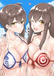  ;d akagi_(kantai_collection) bikini blush breast_press breasts brown_eyes brown_hair cleavage cloud day front-tie_top fukuroumori heart kaga_(kantai_collection) kantai_collection large_breasts long_hair looking_at_viewer multiple_girls one_eye_closed open_mouth short_hair side_ponytail sky smile swimsuit upper_body v 