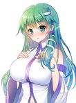  aqua_eyes bare_shoulders blush breasts collared_vest detached_sleeves frog_hair_ornament green_hair hair_ornament hair_tubes hands_on_own_chest kochiya_sanae large_breasts long_hair long_sleeves looking_at_viewer mauve navel nontraditional_miko open_mouth snake_hair_ornament solo touhou upper_body vest white_vest wide_sleeves wing_collar 