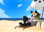  anthro beach bear beverage bikini blonde_hair breasts clothing feline female food hair hands_behind_head hybrid looking_at_viewer mammal outside panda seaside slightly_chubby solo swimsuit thetroon 