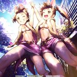  2girls ;) ;d animal_ears arm_at_side arm_up armpits ass_visible_through_thighs bandeau bangs belt blue_sky boots brown_eyes brown_hair buckle building bunny_ears choker copyright_name day ek_masato from_below fur_trim futami_ami futami_mami grin hair_ornament idolmaster idolmaster_(classic) legs_apart long_hair matching_outfit miniskirt multiple_girls navel one_eye_closed open_clothes open_mouth open_vest outdoors pink_shorts pink_skirt shade short_hair shorts siblings side_ponytail sisters skirt sky skyscraper sleeveless smile standing star stomach sunlight suspender_shorts suspender_skirt suspenders teeth traffic_light tree twins upskirt vest 