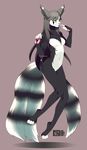  anthro breasts featureless_breasts featureless_crotch female half-closed_eyes inner_ear_fluff lemur looking_at_viewer mammal navel nude primate rekuuhh simple_background smile solo striped_tail stripes 