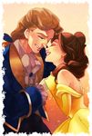  1girl bare_shoulders beast_(disney) beauty_and_the_beast belle_(disney) blue_eyes brown_hair closed_eyes disney dress earrings elbow_gloves gloves highres jewelry lipstick makeup md5_mismatch personification red_lipstick smile u-min white_gloves yellow_dress yellow_gloves 