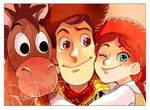  1girl ;) border braid brown_eyes brown_hair bullseye cheek-to-cheek cowboy_hat green_eyes hat horse hug jessie_the_yodeling_cowgirl neckerchief one_eye_closed pixar red_hair sandwiched sheriff_woody single_braid smile toy_story u-min white_border 