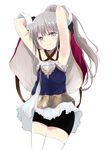  armpits arms_up atelier_(series) atelier_meruru atelier_totori black_shorts brown_hair commentary_request cosplay cowboy_shot grey_eyes hair_ornament highres long_hair looking_at_viewer maromi_(am97) mimi_houllier_von_schwarzlang mimi_houllier_von_schwarzlang_(cosplay) shorts silver_hair simple_background smile solo thighhighs thighs totooria_helmold very_long_hair white_background white_legwear 