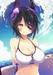  bikini black_hair breasts cleavage eyepatch headgear highres kantai_collection kickboard large_breasts looking_at_viewer short_hair smile solo swimsuit tenryuu_(kantai_collection) uzuki_asa wet yellow_eyes 